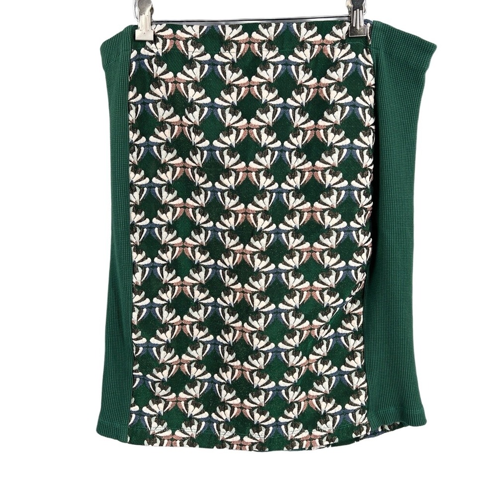 Anthropologie Dolan Pencil Skirt Green Geometric Embroidery Button Front XL